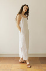 White Linen Maxi Dress with Double Spaghetti Straps and Adjustable Waist Tie for Women
