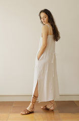 White Linen Maxi Dress with Double Spaghetti Straps and Adjustable Waist Tie for Women