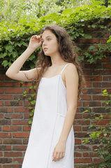 White Linen Maxi Dress with Double Spaghetti Straps and Adjustable Waist Tie for Women