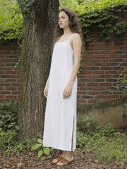 White Linen Maxi Dress with Double Spaghetti Straps and Adjustable Waist Tie for Women
