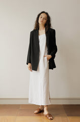 White Linen Maxi Dress with Double Spaghetti Straps and Adjustable Waist Tie for Women