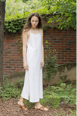 White Linen Maxi Dress with Double Spaghetti Straps and Adjustable Waist Tie for Women