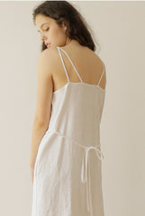 White Linen Maxi Dress with Double Spaghetti Straps and Adjustable Waist Tie for Women