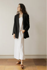 White Linen Maxi Dress with Double Spaghetti Straps and Adjustable Waist Tie for Women