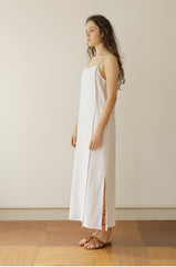 White Linen Maxi Dress with Double Spaghetti Straps and Adjustable Waist Tie for Women