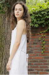 White Linen Maxi Dress with Double Spaghetti Straps and Adjustable Waist Tie for Women