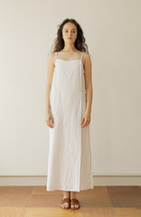 White Linen Maxi Dress with Double Spaghetti Straps and Adjustable Waist Tie for Women