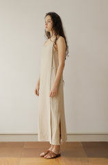 Beige Linen Maxi Dress with Thin Double Straps and Side Slits for Effortless Summer Style