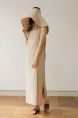 Beige Linen Maxi Dress with Thin Double Straps and Side Slits for Effortless Summer Style