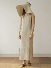 Beige Linen Maxi Dress with Thin Double Straps and Side Slits for Effortless Summer Style