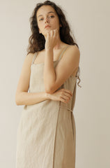 Beige Linen Maxi Dress with Thin Double Straps and Side Slits for Effortless Summer Style