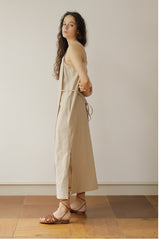 Beige Linen Maxi Dress with Thin Double Straps and Side Slits for Effortless Summer Style