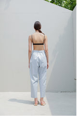 High-Waisted Wide-Leg Linen Pants with Elastic Waistband and Front Patch Pockets