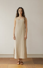 Beige Linen Maxi Dress with Thin Double Straps and Side Slits for Effortless Summer Style