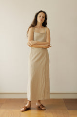 Beige Linen Maxi Dress with Thin Double Straps and Side Slits for Effortless Summer Style