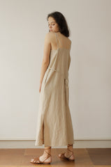 Beige Linen Maxi Dress with Thin Double Straps and Side Slits for Effortless Summer Style