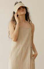 Beige Linen Maxi Dress with Thin Double Straps and Side Slits for Effortless Summer Style
