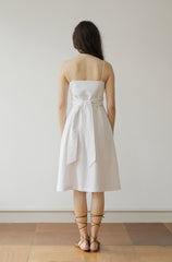 White Linen Midi Dress with Spaghetti Straps, Waist Tie, and Front Button Closure for Women