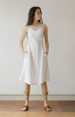 White Linen Midi Dress with Spaghetti Straps, Waist Tie, and Front Button Closure for Women