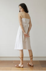 White Linen Midi Dress with Spaghetti Straps, Waist Tie, and Front Button Closure for Women