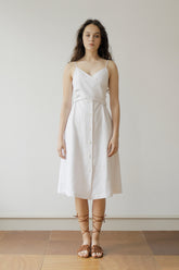 White Linen Midi Dress with Spaghetti Straps, Waist Tie, and Front Button Closure for Women