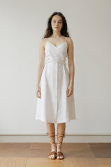 White Linen Midi Dress with Spaghetti Straps, Waist Tie, and Front Button Closure for Women