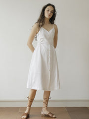 White Linen Midi Dress with Spaghetti Straps, Waist Tie, and Front Button Closure for Women