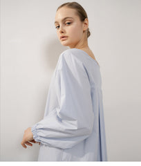 Elegant Pleated Midi Linen Dress with Voluminous Sleeves and Square Neckline