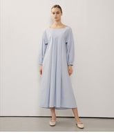 Elegant Pleated Midi Linen Dress with Voluminous Sleeves and Square Neckline