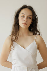 White Linen Midi Dress with Spaghetti Straps, Waist Tie, and Front Button Closure for Women