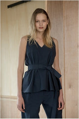 Sleeveless V-Neck Linen Blouse with Belted Waist and Peplum Detail for Elegant Summer Look