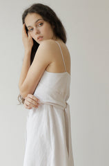White Linen Midi Dress with Spaghetti Straps, Waist Tie, and Front Button Closure for Women