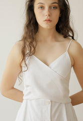 White Linen Midi Dress with Spaghetti Straps, Waist Tie, and Front Button Closure for Women