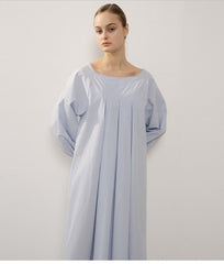 Elegant Pleated Midi Linen Dress with Voluminous Sleeves and Square Neckline