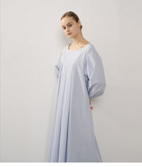Elegant Pleated Midi Linen Dress with Voluminous Sleeves and Square Neckline