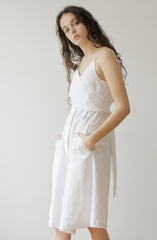 White Linen Midi Dress with Spaghetti Straps, Waist Tie, and Front Button Closure for Women