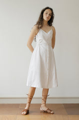 White Linen Midi Dress with Spaghetti Straps, Waist Tie, and Front Button Closure for Women