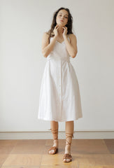 White Linen Midi Dress with Spaghetti Straps, Waist Tie, and Front Button Closure for Women