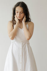 White Linen Midi Dress with Spaghetti Straps, Waist Tie, and Front Button Closure for Women