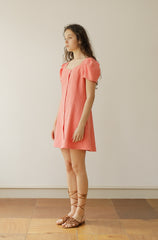 Linen Mini Dress with Puff Sleeves and Button-Front Detail for Feminine Summer Style
