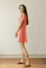 Linen Mini Dress with Puff Sleeves and Button-Front Detail for Feminine Summer Style