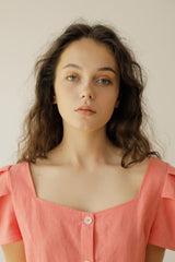 Linen Mini Dress with Puff Sleeves and Button-Front Detail for Feminine Summer Style