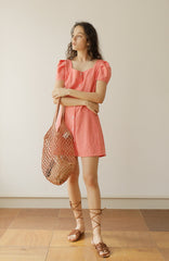 Linen Mini Dress with Puff Sleeves and Button-Front Detail for Feminine Summer Style
