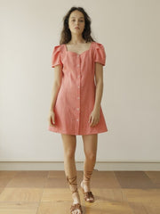 Linen Mini Dress with Puff Sleeves and Button-Front Detail for Feminine Summer Style