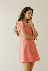 Linen Mini Dress with Puff Sleeves and Button-Front Detail for Feminine Summer Style