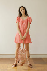 Linen Mini Dress with Puff Sleeves and Button-Front Detail for Feminine Summer Style