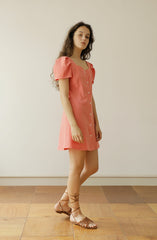 Linen Mini Dress with Puff Sleeves and Button-Front Detail for Feminine Summer Style