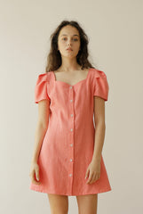 Linen Mini Dress with Puff Sleeves and Button-Front Detail for Feminine Summer Style
