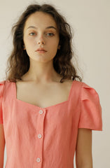 Linen Mini Dress with Puff Sleeves and Button-Front Detail for Feminine Summer Style