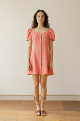 Linen Mini Dress with Puff Sleeves and Button-Front Detail for Feminine Summer Style